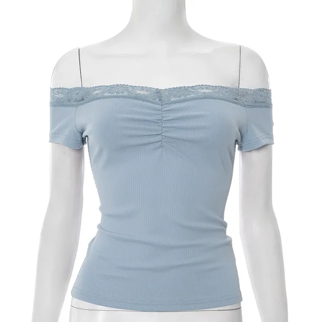Solid Color Sleeveless Off neck Lace Top Blue - Shop at LoveMi
