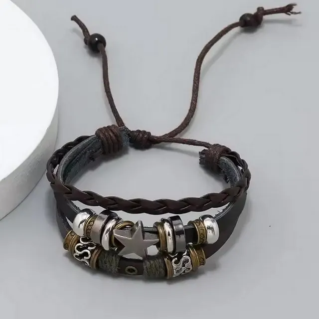 Personalized Beaded Five pointed Star Leather Bracelet Trendy Simple Brown - Shop at LoveMi
