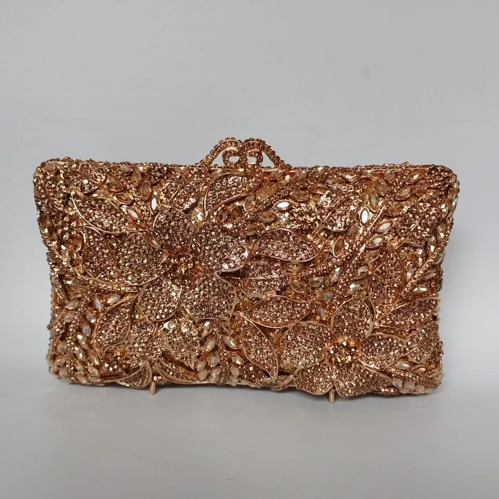 Flower Diamond Banquet Rhinestone Clutch Bridal Wedding Bag Gold - Shop at LoveMi