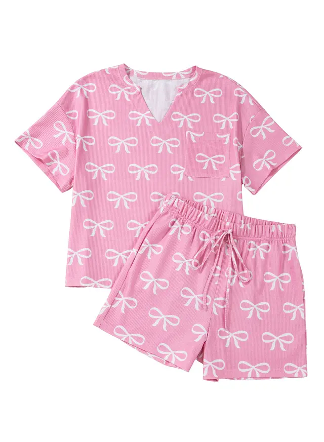Bowknot Printed Pajamas Two piece Women's Casual Shorts Pink - Shop at LoveMi