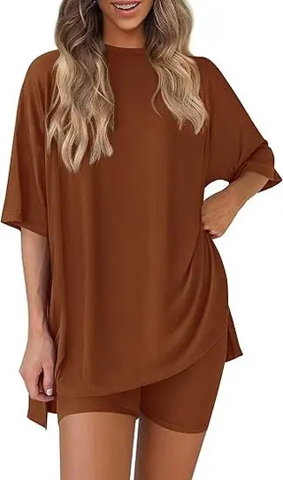 Leisure Crew Neck Split Loose-fitting Women's Home Wear Suit - Caramel Color - View 1