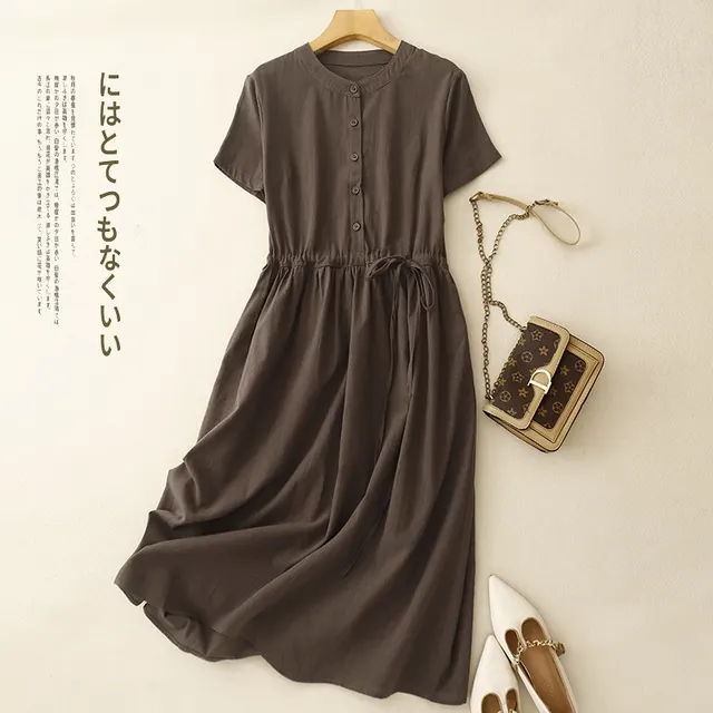 Artistic Loose Solid Color Round Neck Short Sleeves Dress Brown - Shop at LoveMi