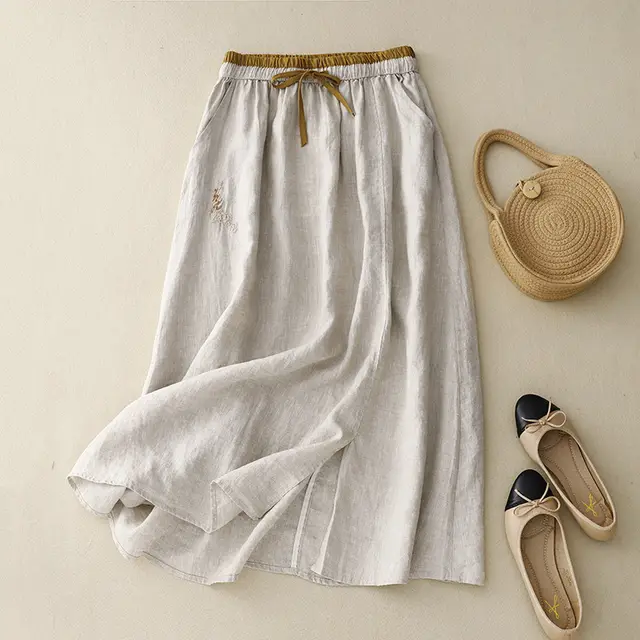 Artistic Embroidered Patchwork Skirt Elastic Waist Color Matching A Line Skirt Hemp Color - Shop at LoveMi