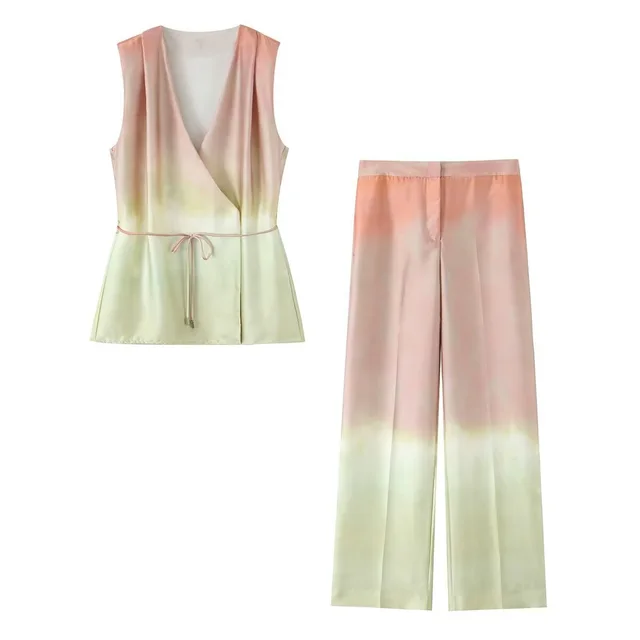 Tie dye Printed V neck Top High Waist Trousers Suit Suit - Shop at LoveMi