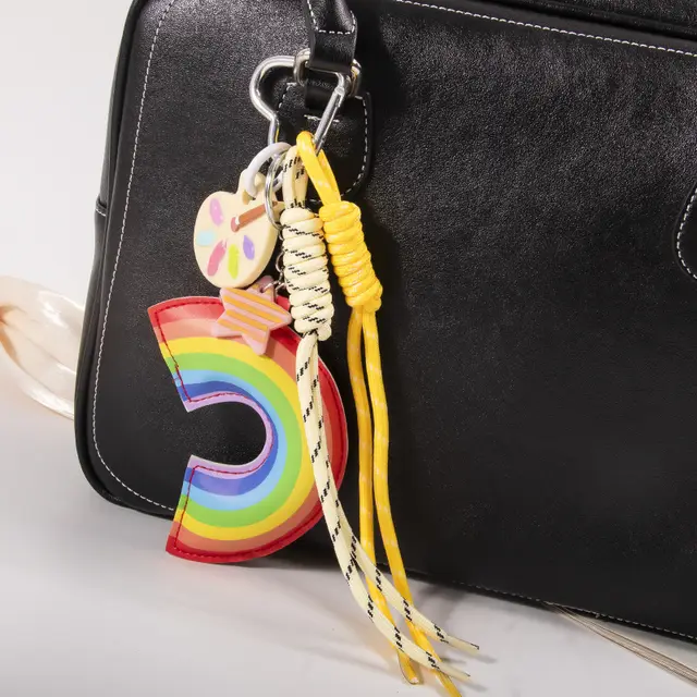 Ins Leather Cotton filled Rainbow Palette Ornaments Braided Rope Handbag Pendant Yellow - Shop at LoveMi