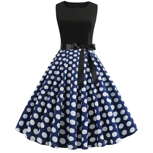 Retro Crew Neck Sleeveless Polka dot Self tie Zip Dress Blue - Shop at LoveMi