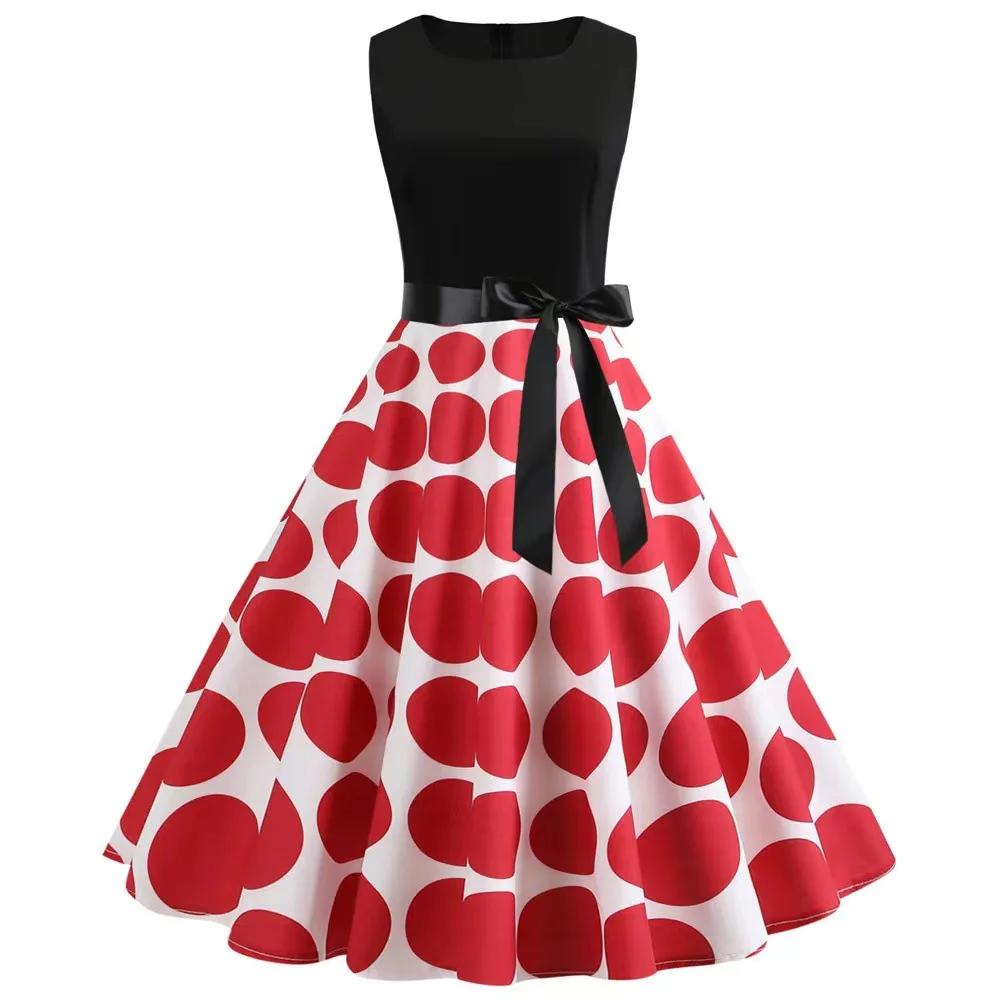 Retro Crew Neck Sleeveless Polka-dot Self-tie Zip Dress - Red