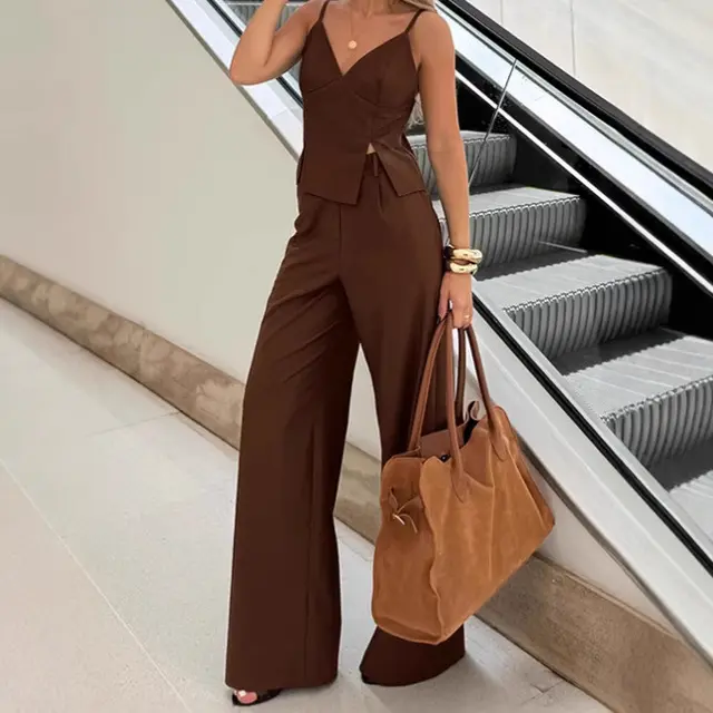 Brown Sleeveless V neck Brace Split Vest Trousers Suit Brown - Shop at LoveMi