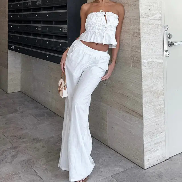 White Cotton Linen Tube Top Wide Leg Casual Pants Lace up Suit White - Shop at LoveMi