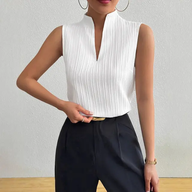 European And American Women's Top Solid Color And V neck Slim Fit Slimming Sleeveless Texture Short Sleeve White - Shop at LoveMi