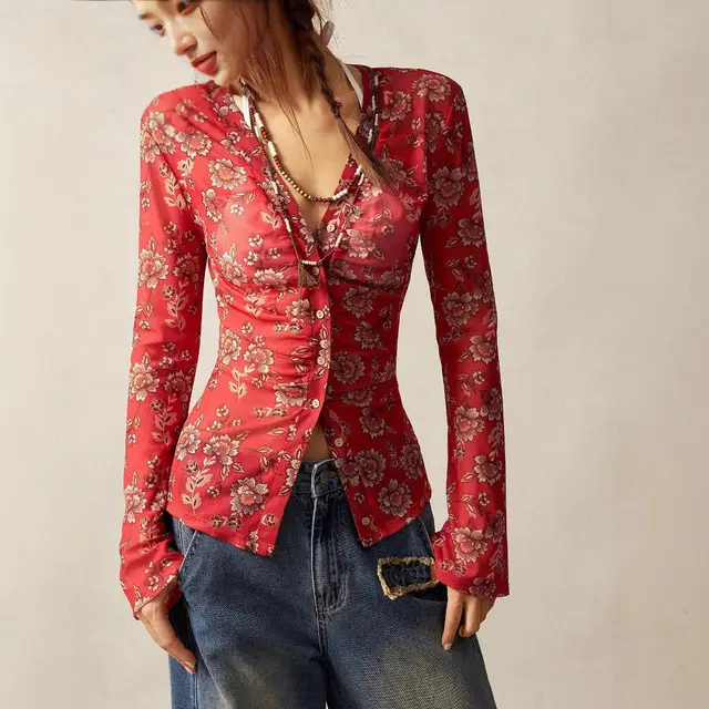 European And American Printed Shirt Women's Slim Fit Slimming Retro Temperament Red - Shop at LoveMi
