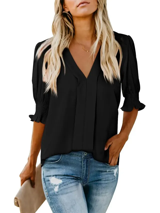 V neck Short Sleeve Loose Comfortable Fashion Summer Solid Color Small Shirt European And American Style Black - Shop at LoveMi