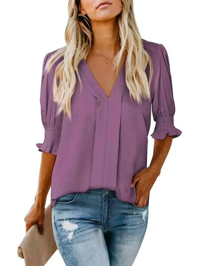 V neck Short Sleeve Loose Comfortable Fashion Summer Solid Color Small Shirt European And American Style Dark Purple - Shop at LoveMi