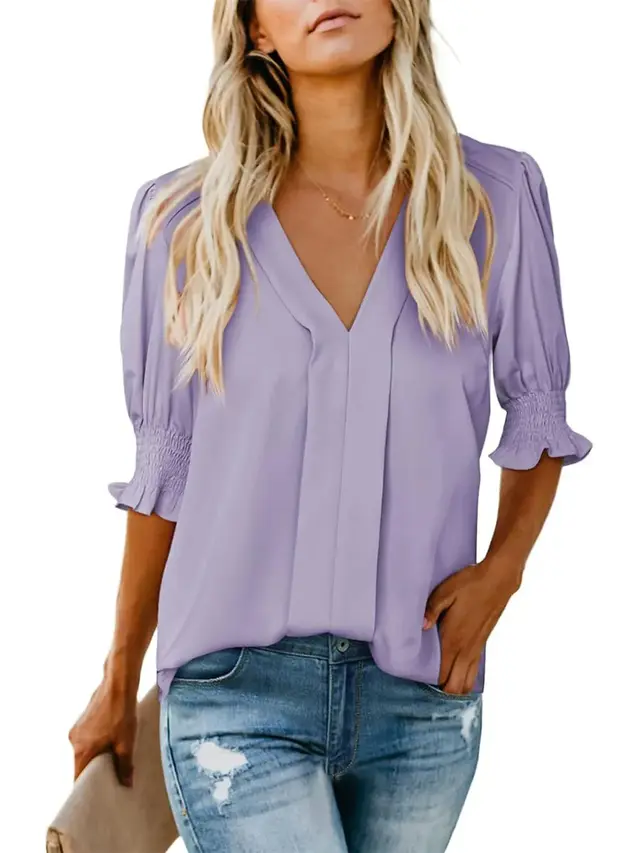 V neck Short Sleeve Loose Comfortable Fashion Summer Solid Color Small Shirt European And American Style Light Purple - Shop at LoveMi