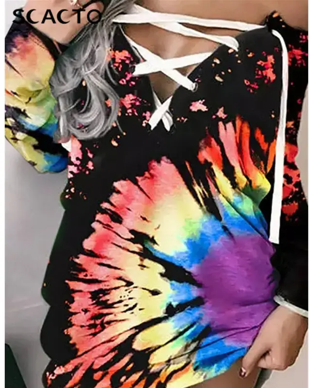 Women's Printed Off shoulder Corns Lace up Long Sleeve Top Orange - Shop at LoveMi