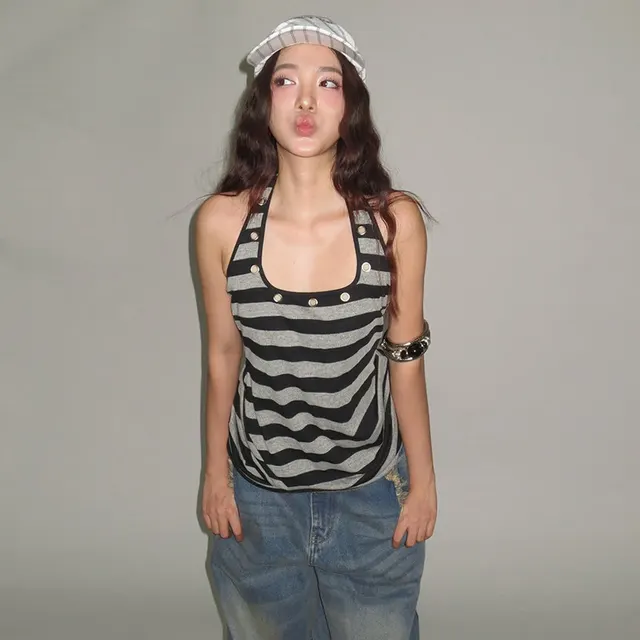 Comfortable Design Sense Striped Spaghetti Straps Female U Collar Sexy Gray - Shop at LoveMi