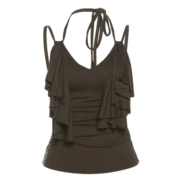 Solid Color Retro Sleeveless Halter Backless Skinny Short Vest Dark Gray - Shop at LoveMi