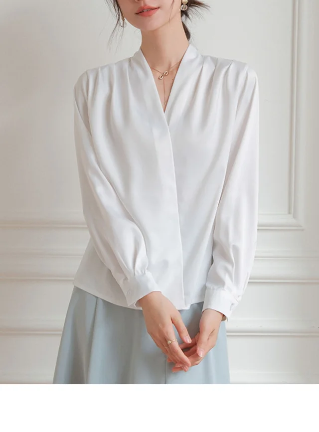 Elegant V neck Satin Shirt Women's Commuter Formal Wear White - Shop at LoveMi
