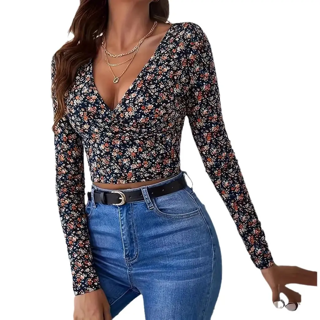 Women's Printed V-neck Top Long Sleeve - Color