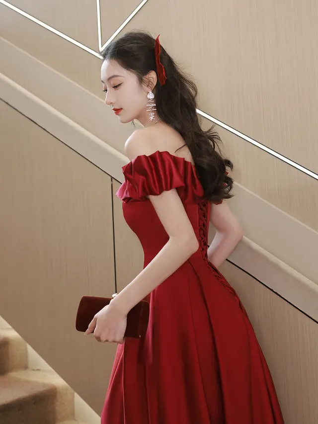 Wine Red Off shoulder Evening Dress Wine Red Satin Midlength - Shop at LoveMi