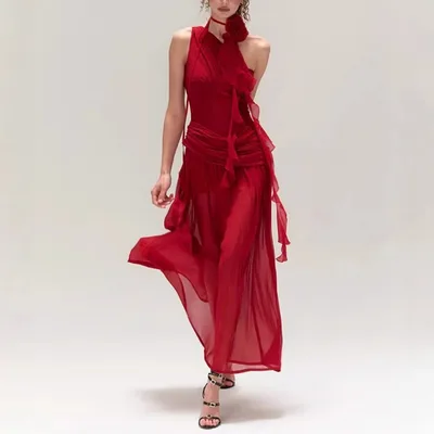Spring And Summer High Waist Sleeveless Dress Red - Shop at LoveMi