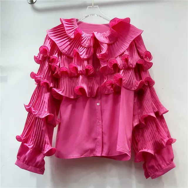 Korean Style Light Luxury Socialite Bubble Sleeve Ruffled Loose Chic Design Adult Lady Like Woman Temperament Top Rose Red - Shop at LoveMi