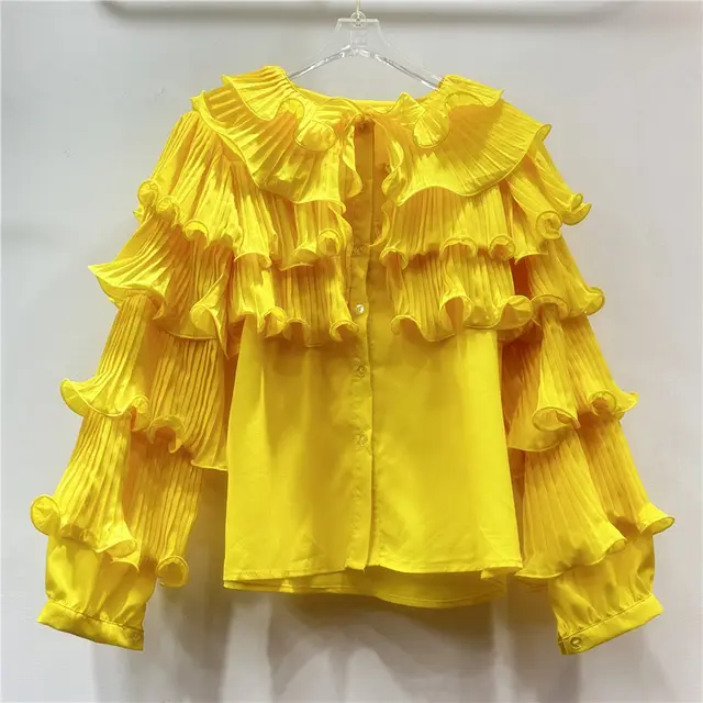 Korean Style Light Luxury Socialite Bubble Sleeve Ruffled Loose Chic Design Adult Lady Like Woman Temperament Top Yellow - Shop at LoveMi