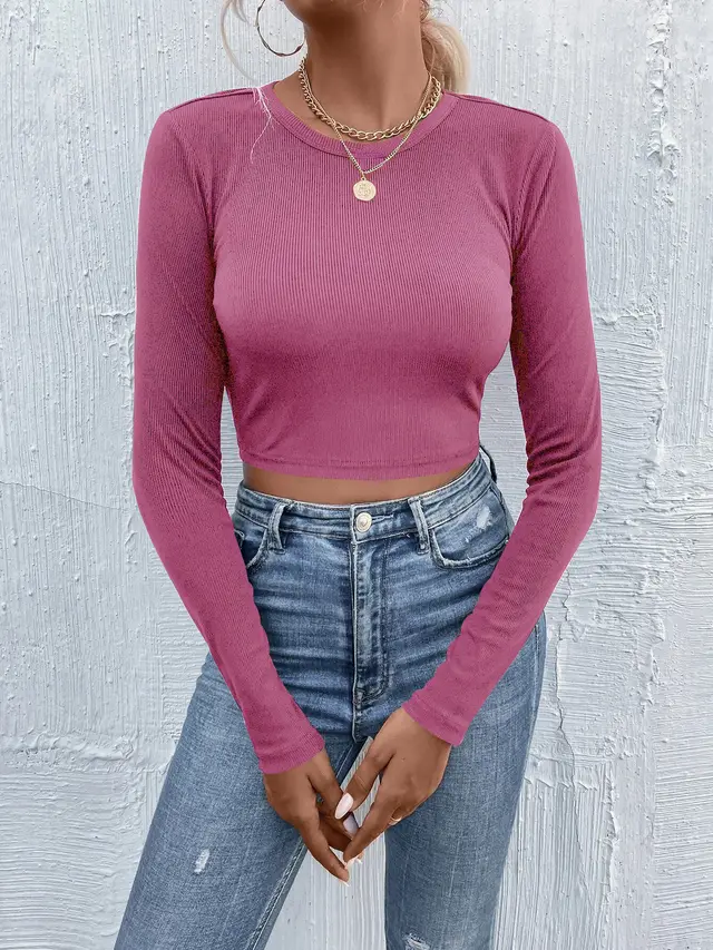 Women's Round Neck Pullover Casual Long Sleeve T shirt Top Rose Red - Shop at LoveMi