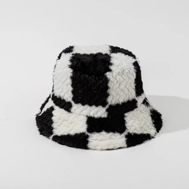 Square Plaid Plush Fisherman Hat Black - Shop at LoveMi