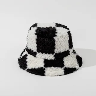 Square Plaid Plush Fisherman Hat - Black