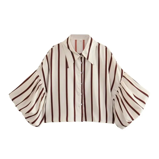 Casual Striped Lantern Sleeve Short Shirt For Women Coffee Strip - Shop at LoveMi