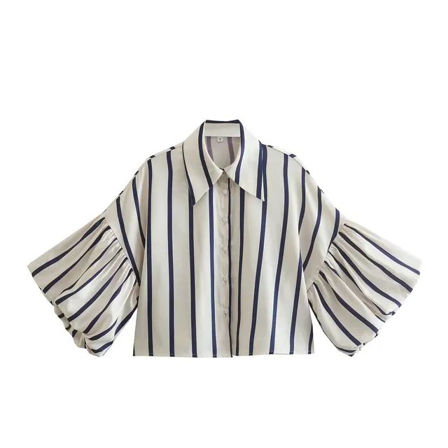 Casual Striped Lantern Sleeve Short Shirt For Women Dark Blue Stripe - Shop at LoveMi