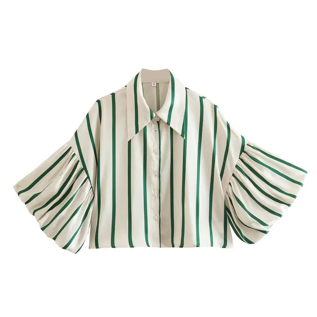 Casual Striped Lantern Sleeve Short Shirt For Women Green Stripe - Shop at LoveMi
