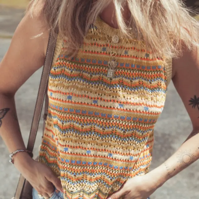 Brown Stripe Eyelet Crochet Round Neck Sweater Vest Brown Stripe - Shop at LoveMi