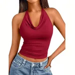 Sleeveless Slim-fit Soft Halter Top - Wine Red