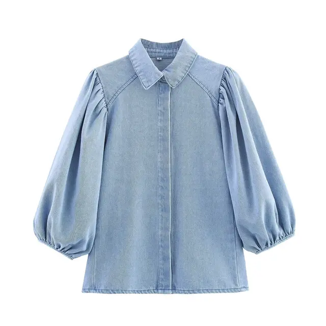 Women's Puff Sleeves Denim Shirt Jeans Suit Light Blue Shirt A03 - Shop at LoveMi