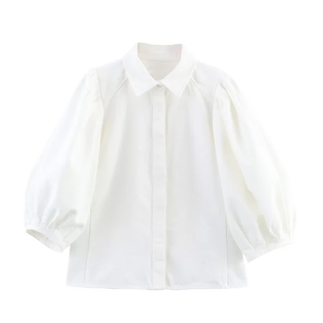 Women's Puff Sleeves Denim Shirt Jeans Suit White Shirt A03 - Shop at LoveMi