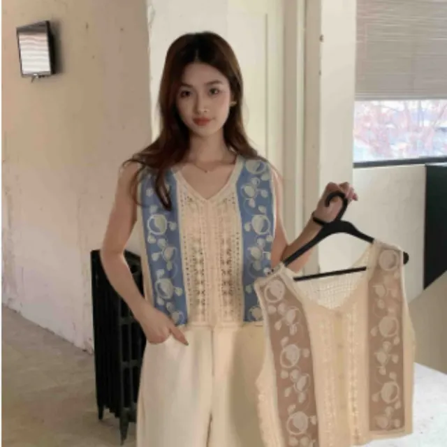 Heavy Industry Crochet Embroidery Denim Waistcoat Vest Style 9 Brown - Shop at LoveMi