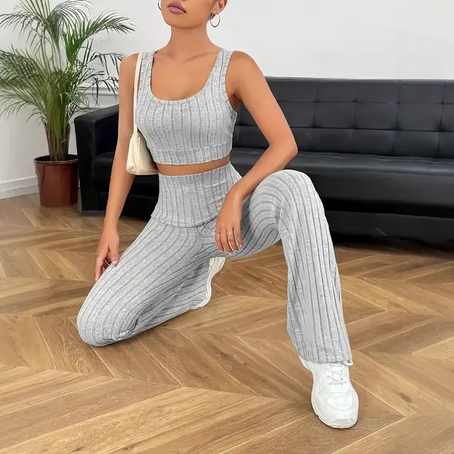 Solid Color Cropped Tank Top And Bell bottom Pants Gray - Shop at LoveMi