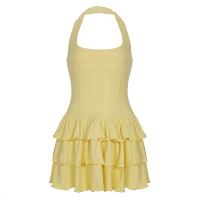 Backless Sports Neck hanging Cake Dress Women Yellow - Shop at LoveMi