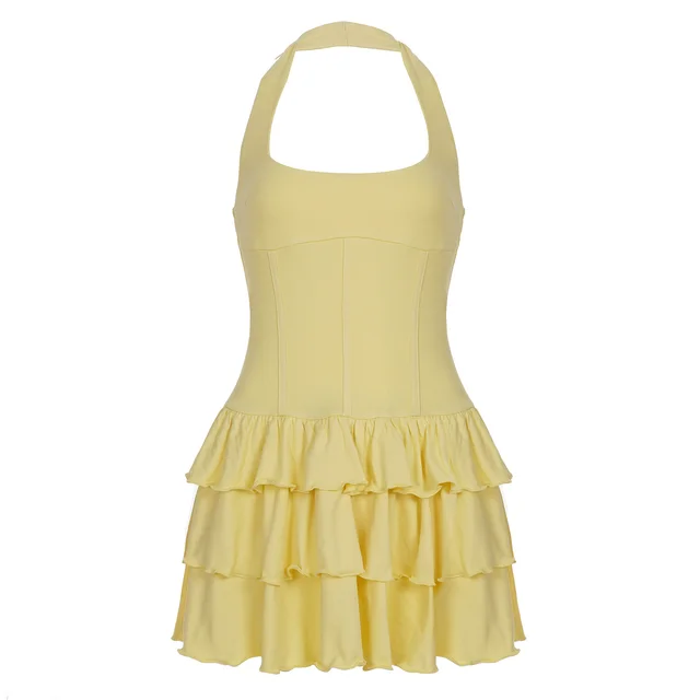 Backless Sports Neck hanging Cake Dress Women Yellow - Shop at LoveMi