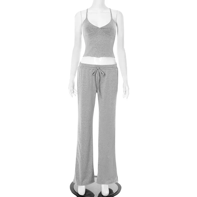 V neck Elastic Waist Wide Leg Pants Casual Suit Gray - Shop at LoveMi