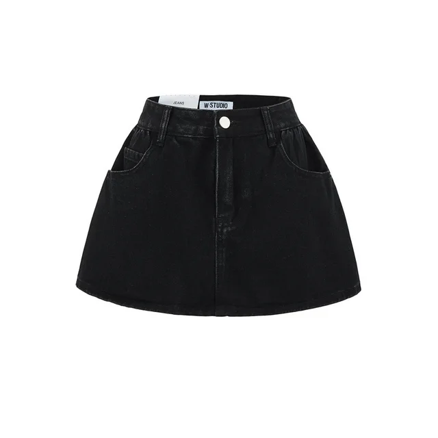 Retro Mid low Waist Anti exposure Denim A Line Bubble Short Skirt Black - Shop at LoveMi