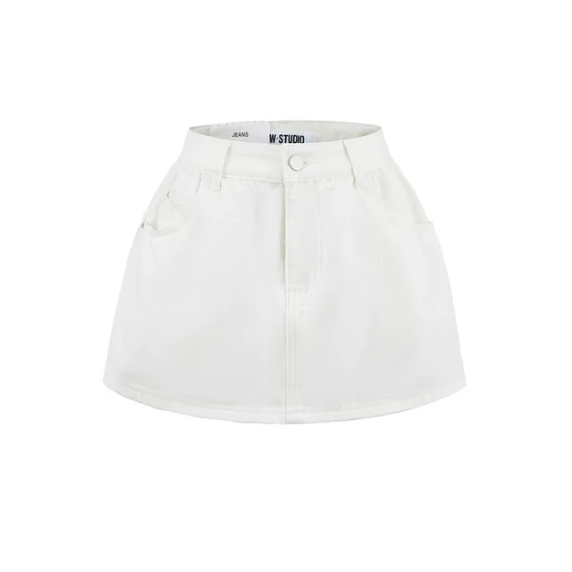 Retro Mid low Waist Anti exposure Denim A Line Bubble Short Skirt White - Shop at LoveMi
