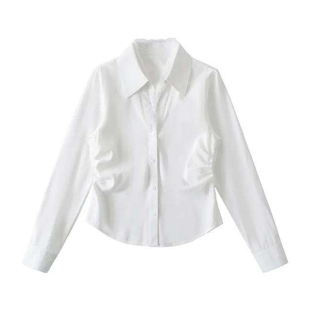 Fake Two piece Lace Stitching Tight Waist Shirt White - Shop at LoveMi