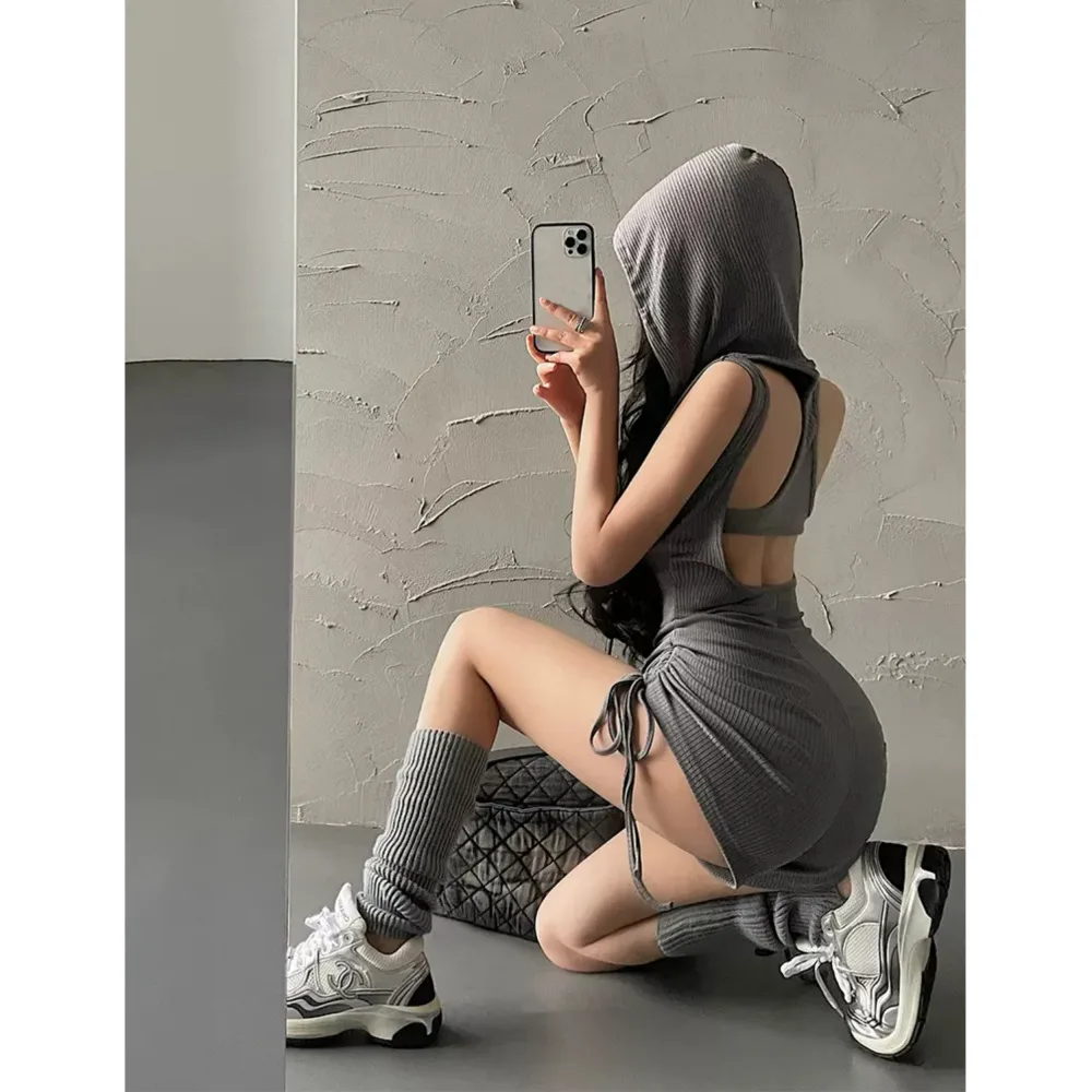 Hooded Drawstring Slim Sleeveless Backless Fitness One piece Shorts Gray - Shop at LoveMi
