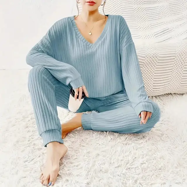 V neck Sports Suit, Solid Color Long sleeved Top And Pants Sky Blue - Shop at LoveMi