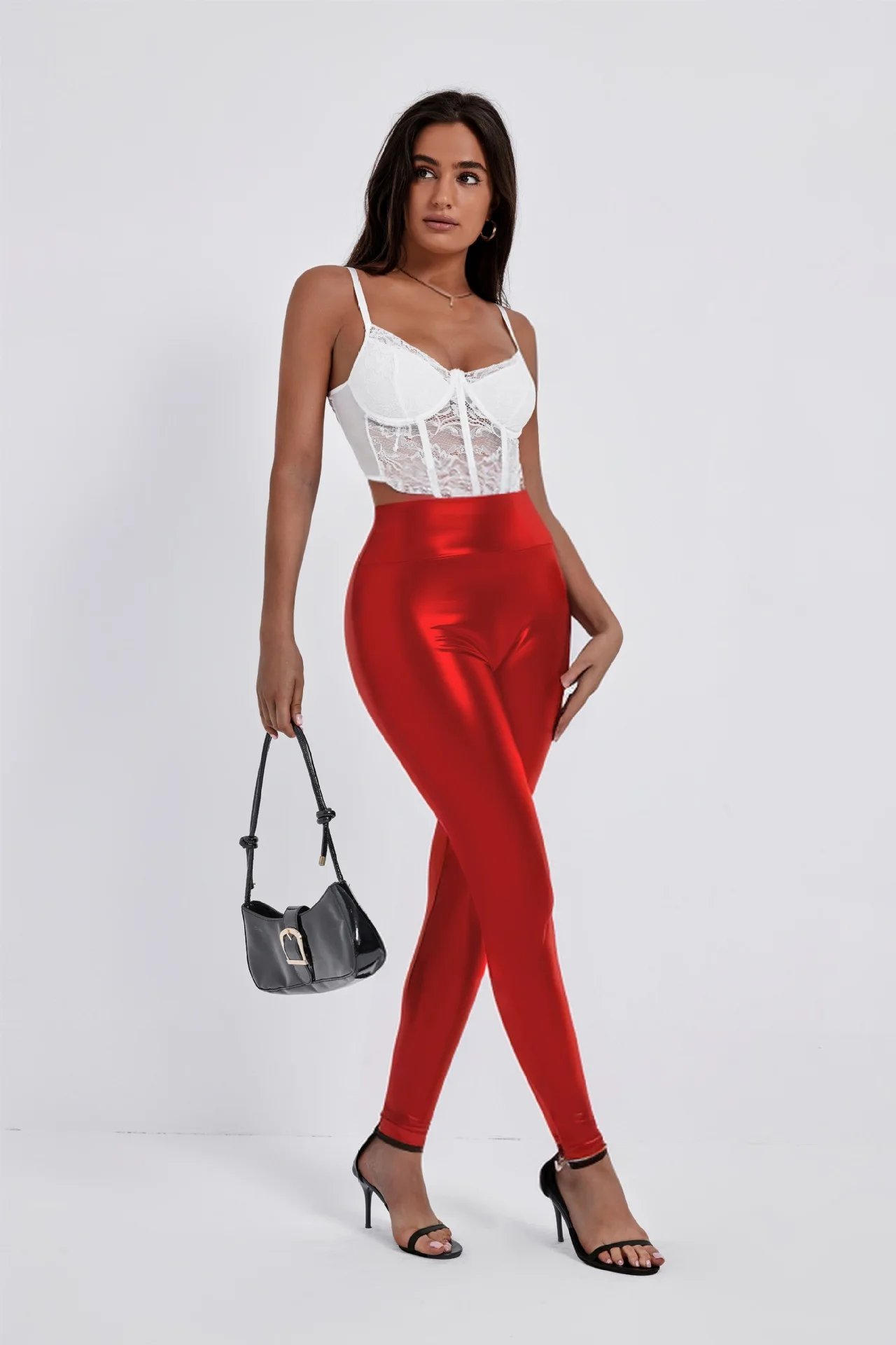 European And American Style Women Fashion Tight-fitting Cinched Hip Bag Leather Pants - Red