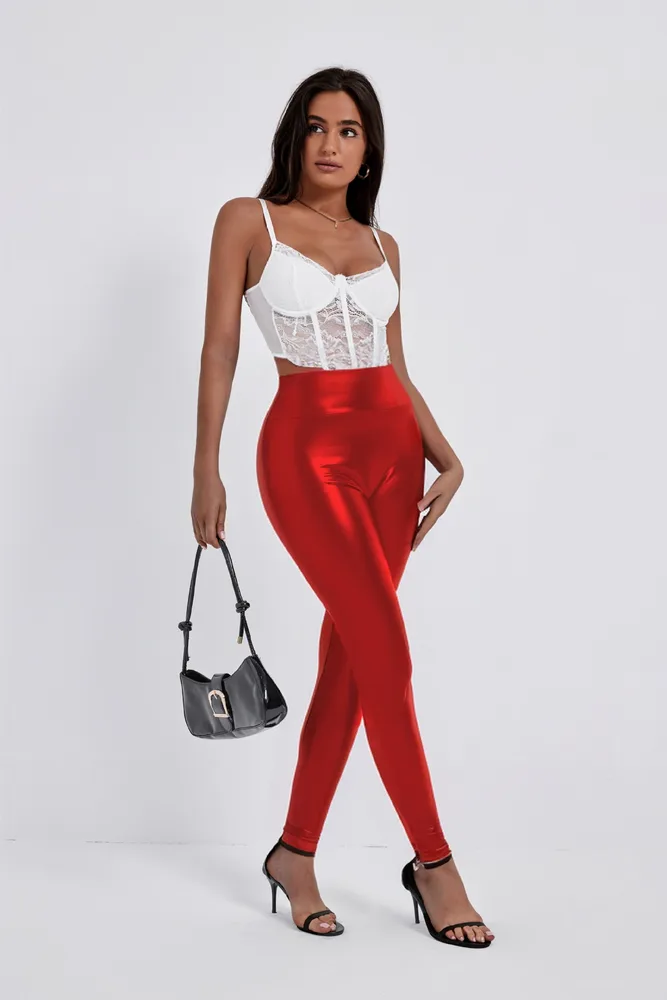 European And American Style Women Fashion Tight-fitting Cinched Hip Bag Leather Pants - Red