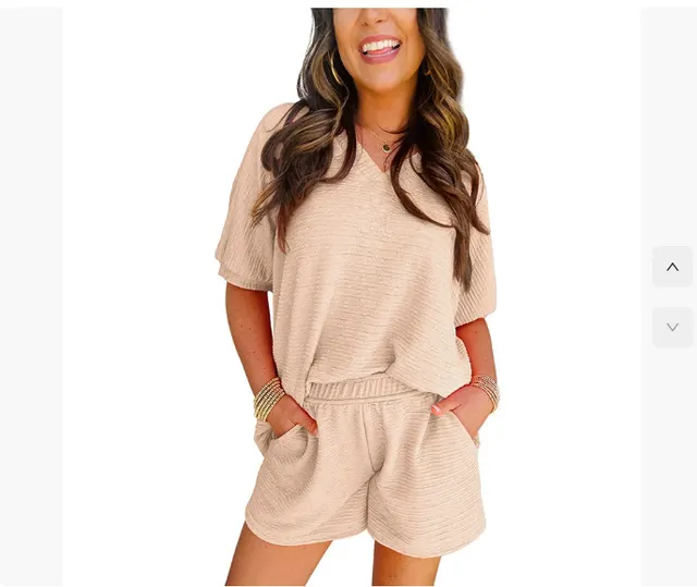 Orange Textured V Neck T Shirt And Shorts Set Apricot Yellow - Shop at LoveMi